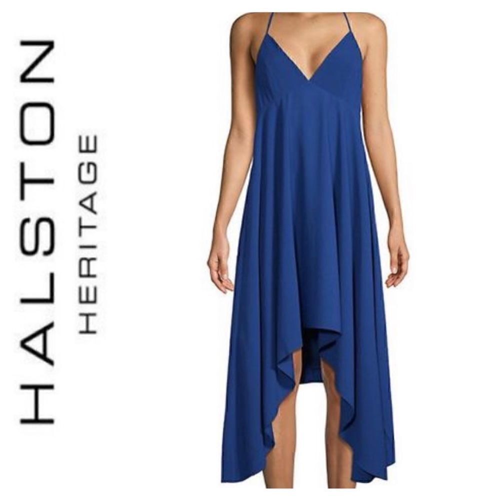 NWOT Halston Heritage Blue Halter Neck Crepe Asymmetrical Handkerchief Hem Dress